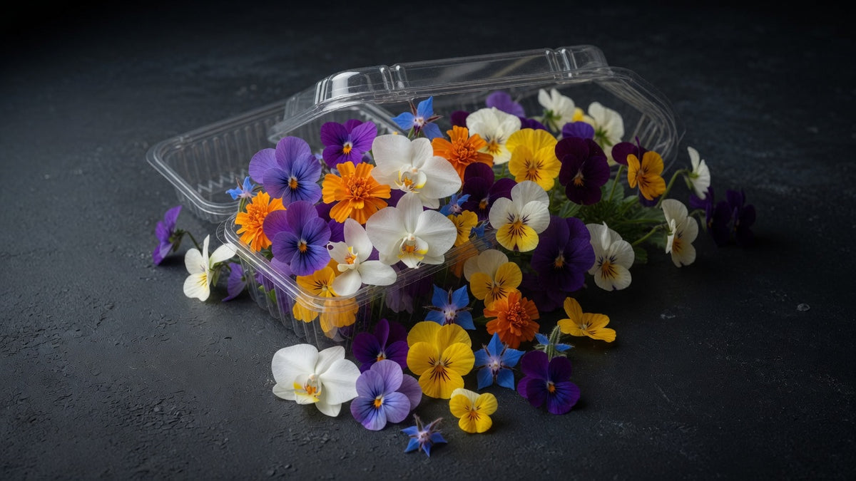 Wholesale edible flowers spilling from a clamshell — pansies, violas, and orchids