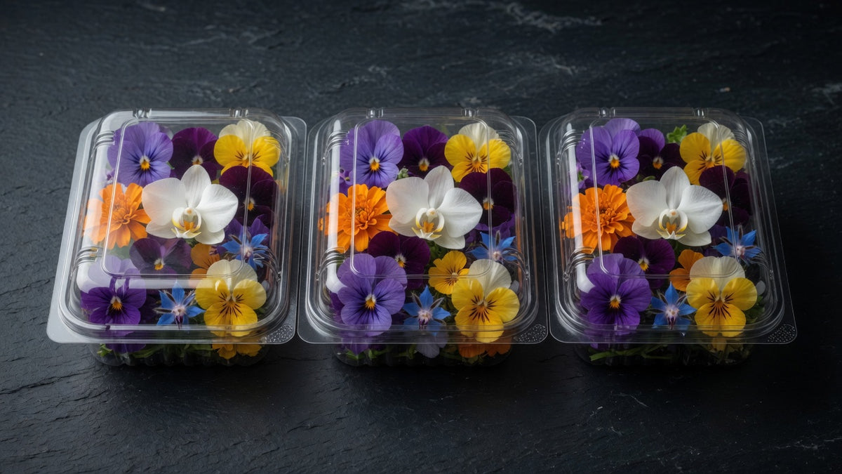Three ready-to-ship edible flower kits in lidded clamshells