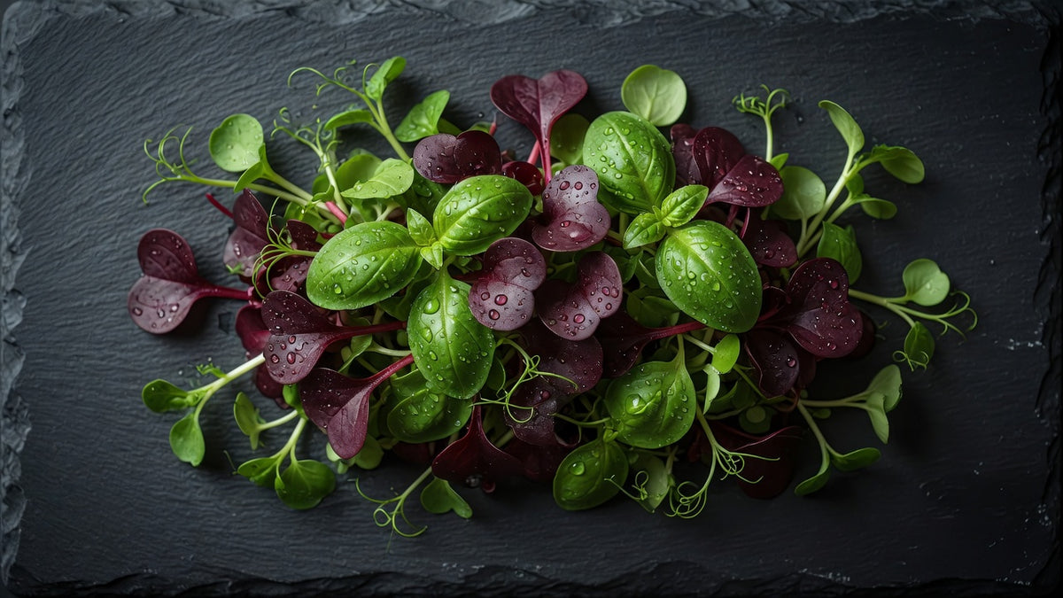 Chef-grade microgreens with bull’s blood and pea shoots on slate