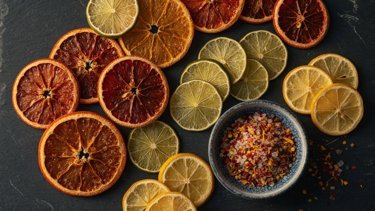 Dehydrated citrus wheels and a cocktail rimmer bowl on slate