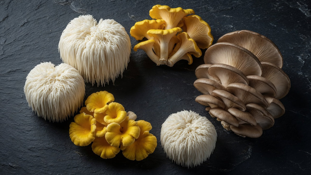 Lion’s mane, yellow oyster, and brown oyster mushrooms on slate