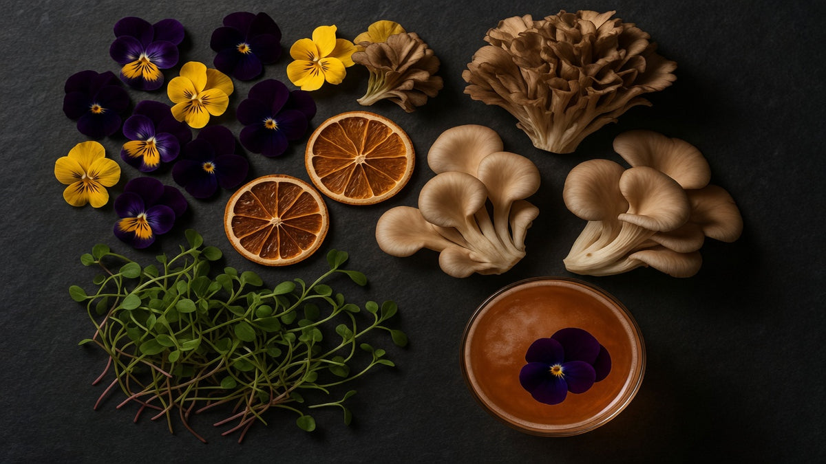 Edible flowers, oyster mushrooms, dehydrated citrus, microgreens, and a cocktail garnish on slate