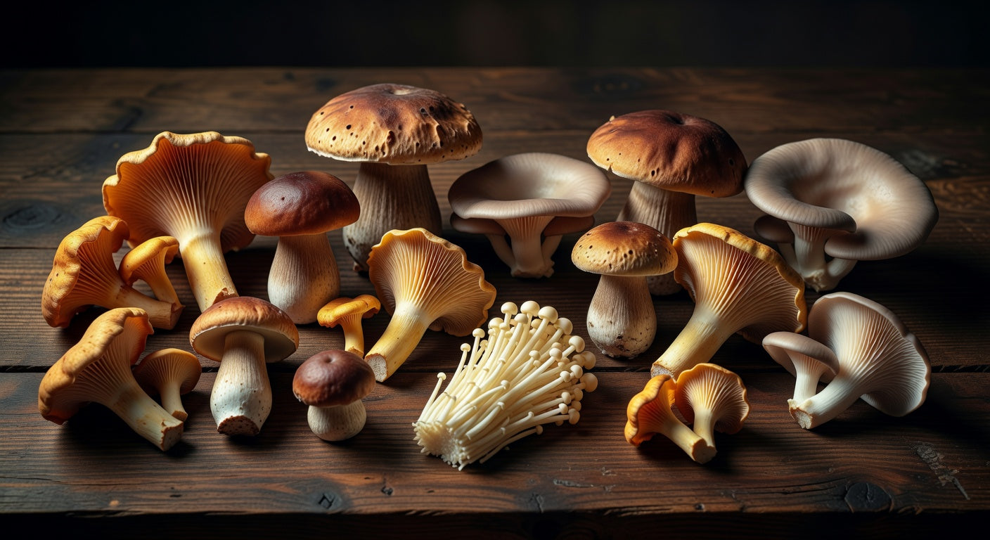 Fresh exotic mushroom mix featuring maitake, king trumpet, and oyster mushrooms — 5 lb case at wholesale pricing from Bloom Produce